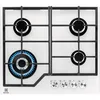 A top-down view of a white gas stovetop with four burners, one of which is lit with blue flames. Anteprima dell’immagine prodotto
