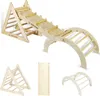 A wooden climbing triangle with a slide and arch, shown in multiple configurations. Produktbild-Vorschau