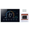 A digital thermostat display with various icons and readings, accompanied by screws and a product manual. Produktbild-Vorschau