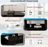 Collage of images showcasing the features and storage options of a black coffee table with blue LED lighting. Produktbild-Vorschau