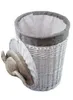 A white wicker laundry basket with a gray fabric lining and a lid adorned with a plush elephant toy. Podgląd zdjęcia produktu