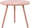 A pink round coffee table with three legs on a white background. Podgląd zdjęcia produktu