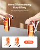 Hands are holding and using orange lifting clamps to grip a gray surface, with text overlay describing the product's features and capacity. Voir les images du produit
