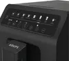 A close-up view of the control panel and part of the drip tray of a black coffee machine. Voir les images du produit