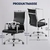Diagram showing the dimensions of a black office chair, with a kettlebell placed on the seat. Produktbild-Vorschau