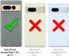 Three phone cases are displayed side-by-side, with checkmarks and crosses indicating compatibility with different Google Pixel models. Produktbild-Vorschau