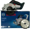 A Bosch cordless circular saw and its packaging are displayed against a white background. Produktbild-Vorschau