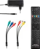 A collection of electronic accessories including a power adapter, AV cables, and a remote control, arranged on a white background. Produktbild-Vorschau