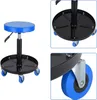 A collage of images showing a blue and black adjustable mechanic's stool with wheels and a tool tray. Produktbild-Vorschau