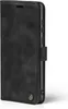 A black flip phone case with brown stitching and a small circular logo on the bottom left. Produktbild-Vorschau