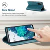 A hand is shown interacting with a smartphone placed in a blue leather flip case, which is propped up as a kickstand. Produktbild-Vorschau