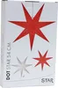 The image shows the packaging of a paper star decoration. The packaging displays images of the product in different sizes and colors, along with branding and product information. Podgląd zdjęcia produktu