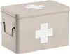 A beige metal medicine box with a white cross symbol on the lid and front. Náhled obrázku produktu