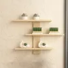 A multi-tiered wooden shelf mounted on a tiled wall, decorated with small potted plants. Produktbild-Vorschau
