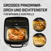 A marketing image for an air fryer oven, showing its large viewing window and different cooking options. Voir les images du produit