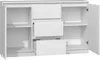 An open white dresser with three drawers and two cabinet doors, showing the interior shelves. Voir les images du produit