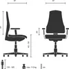 Diagrams showing the dimensions and specifications of an office chair, along with icons indicating user height and weight capacity. Produktbild-Vorschau