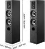 Two black floor standing speakers are shown side by side with dimensions indicated. Produktbild-Vorschau