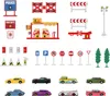 A collage of various toy road safety and vehicle-related items, including signs, barriers, a gas station, traffic cones, and toy cars. Produktbild-Vorschau