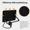 Back view of a black LED floodlight with arrows indicating heat dissipation, and a close-up of the heat sink fins. Produktbild-Vorschau