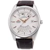 A close-up, front-facing studio shot of an Orient men's watch with a white dial and brown leather strap. Podgląd zdjęcia produktu