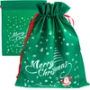 Two green Christmas gift bags with white snowflake and Christmas tree patterns, and red drawstrings. Produktbild-Vorschau