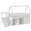 A white loft bed with a slide and stairs, featuring a house-shaped frame and integrated storage units. Podgląd zdjęcia produktu
