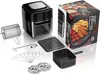 A black air fryer and its accessories are displayed on a white background, with the product's packaging box to the right. Produktbild-Vorschau
