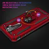 A red phone case with a rotating ring holder is shown on a dark background. Produktbild-Vorschau