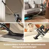 Collage of images showing a cordless vacuum cleaner in various cleaning scenarios, including cleaning corners, under furniture, a laptop, and a bed, with a dog present. Text at the bottom highlights interchangeable attachments for different cleaning applic Voir les images du produit