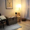 A cozy living room corner with a deer artwork, a wicker storage chest, a chair with a blanket, and a floor lamp. Náhled obrázku produktu