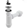A white sink siphon with a stainless steel strainer and a black stopper. Podgląd zdjęcia produktu