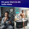 Split image showing a man yawning in bed with a low battery icon and a muscular man stepping into an ice bath with a full battery icon, symbolizing energy and recovery. Anteprima dell’immagine prodotto