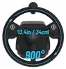 A close-up view of a black steering wheel with blue markings and text indicating its dimensions and rotation angle. Produktbild-Vorschau