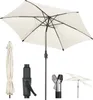 A collection of images showing a cream-colored patio umbrella, its components, and a smaller version of the umbrella. Produktbild-Vorschau