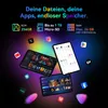 Three tablets are shown floating in a dark, colorful, abstract background with app icons scattered around them. Produktbild-Vorschau