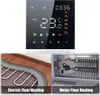 A collage showing a smart thermostat and two types of floor heating systems. Produktbild-Vorschau