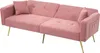 A pink sofa bed with gold legs and two small pillows.