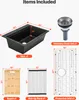 An image showing a kitchen sink and its included accessories, with dimensions and labels for each item. Produktbild-Vorschau