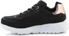 A side view of a black Skechers Uno Lite sneaker with a white sole and rose gold accents. Voir les images du produit