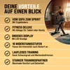 A woman is using a stationary bike in a living room setting, with marketing text highlighting the product's benefits. Produktbild-Vorschau
