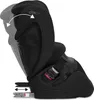 A black child car seat is shown with an arrow indicating adjustment. Produktbild-Vorschau