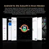 A tablet displaying the Android 14 logo is shown in front of a series of other tablet screens, with text describing the product's features. Produktbild-Vorschau