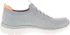 A side view of a single gray sneaker with pink and coral accents. Produktbild-Vorschau