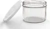 A clear glass jar with its white lid slightly ajar, presented on a white background. Voir les images du produit