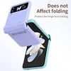 A flip phone case is shown in an open position, with text highlighting its features. Produktbild-Vorschau