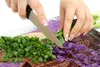 Hands chopping green onions on a cutting board with a lavender and basket pattern. Náhled obrázku produktu