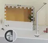 A vanity mirror with LED lights is shown on a white surface, with a second mirror angled to show its side profile. Dimensions are indicated with text and lines. Produktbild-Vorschau