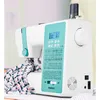 A white and turquoise Medion digital sewing machine is shown on a table with a piece of fabric being sewn. Produktbild-Vorschau