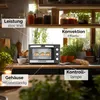 A Steinborg mini oven is shown on a kitchen counter with various ingredients and plants in the background. Text overlays highlight product features. Produktbild-Vorschau